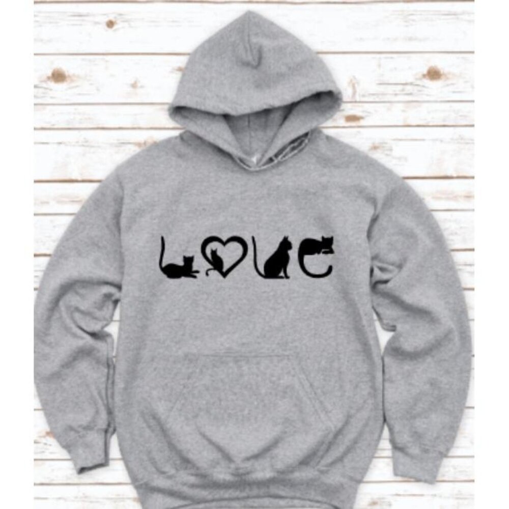New Love Cats Shapes Gray Hoodie Fleece Sweatshirt Cat Lover Gift - Picture 1 of 2